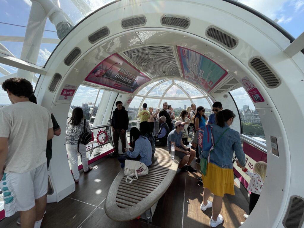 People stand inside a full London Eye capsule