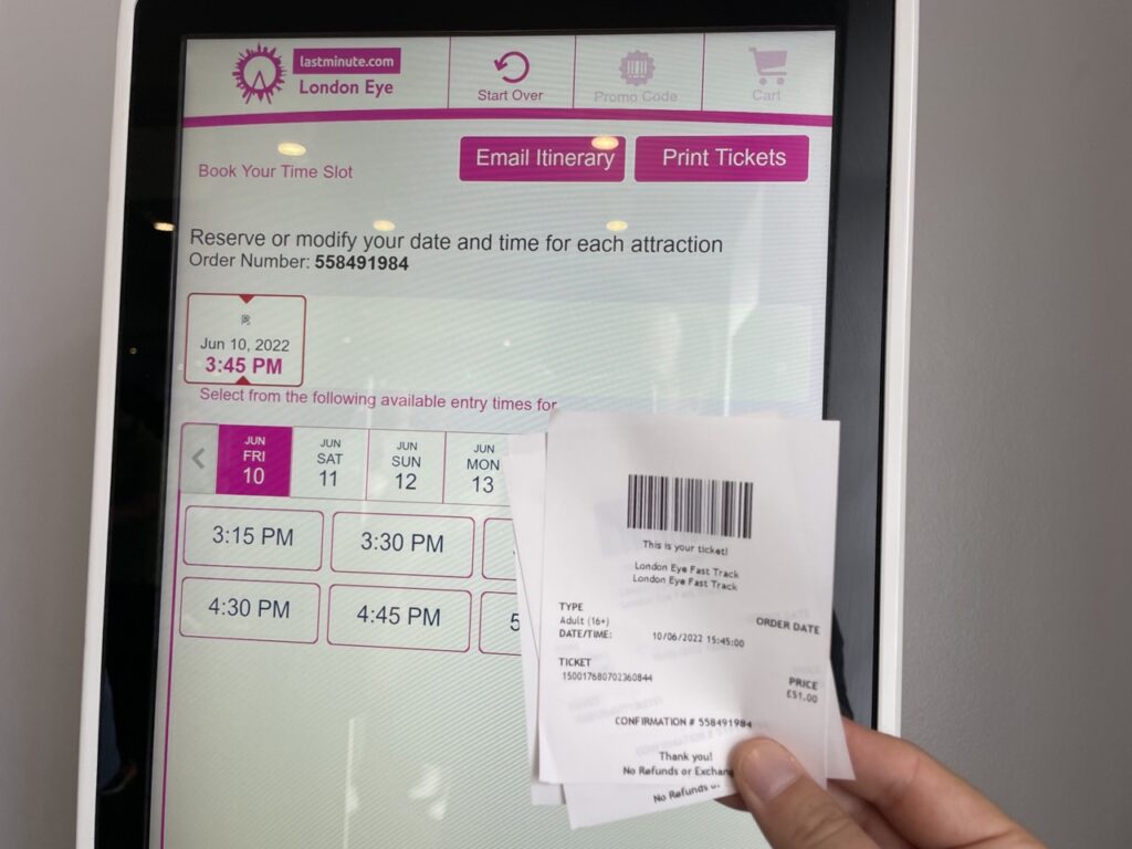 London Eye printed tickets with barcode