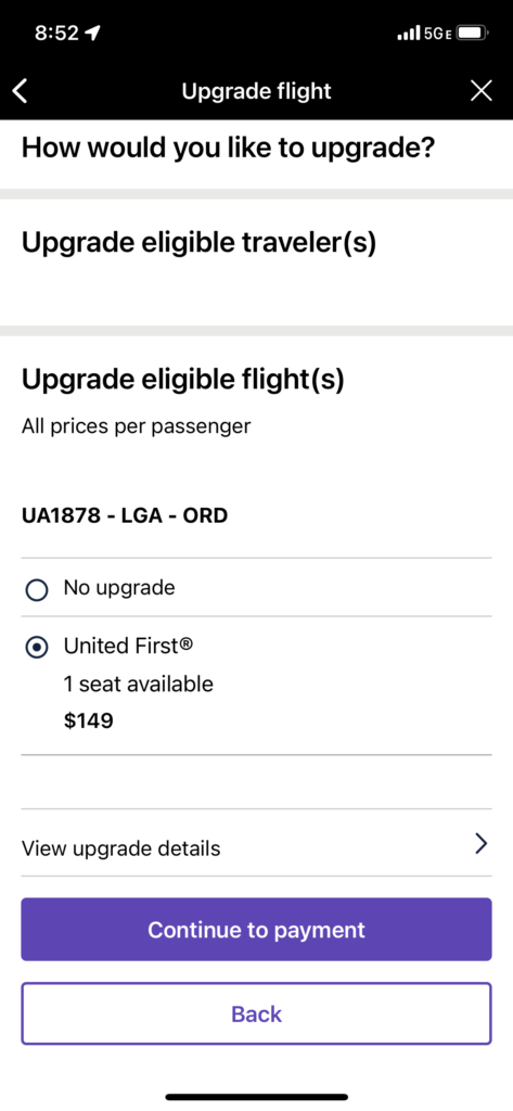 Screenshot of upgrade process in United app