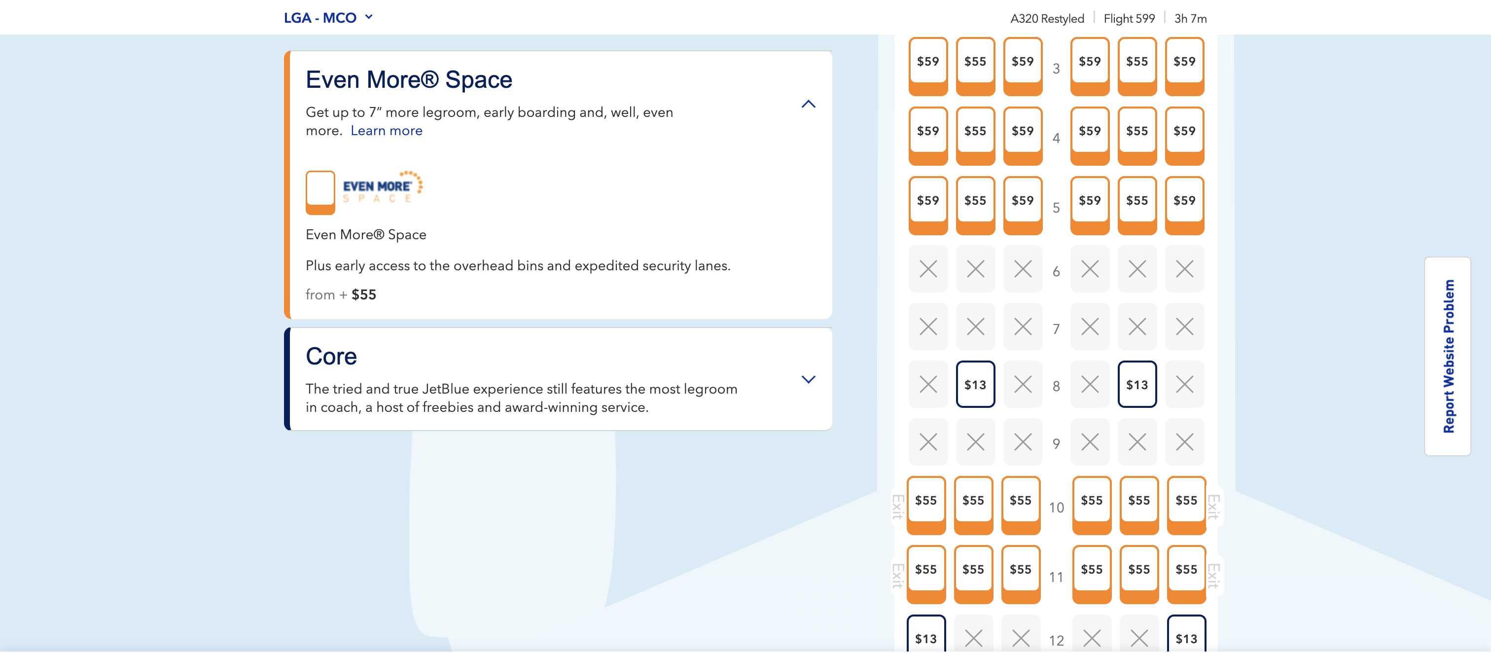 A JetBlue seat map showing various prices